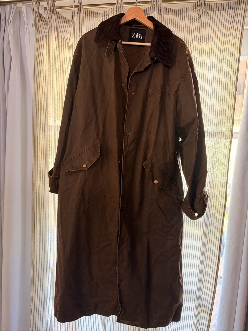 Zara Dark Brown Long Wax Trench Coat with Corduroy Collar